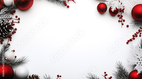 bright Christmas composition featuring frosted pine branches, red and white ornaments, and berries on a crisp white background, perfect for a festive holiday design.