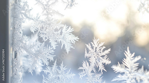 A window with snowflakes on it. The snowflakes are very small and are scattered all over the window