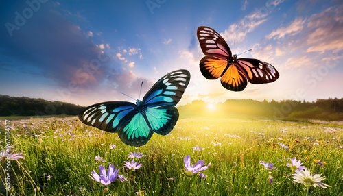 Colorful butterfly duo fluttering over a meadow