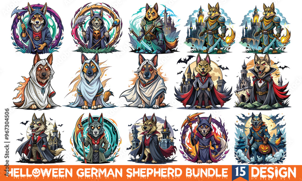 Obraz premium Halloween German Shepherd T-Shirt Design, Hand Drawn Illustration Isolated on White Background. Calligraphy Graphic Typography Element for Apparel. Hand Written Vector Sign