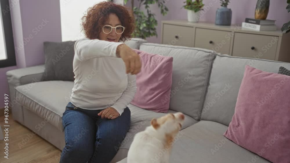 An elderly woman is interacting with her pet chihuahua in a cozy living room, featuring grey and pink decor elements and potted plants, highlighting a warm and homely atmosphere. An elderly woman is interacting with her pet chihuahua in a cozy living room, featuring grey and pink decor elements and potted plants, highlighting a warm and homely atmosphere.