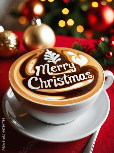 Obraz na płótnie Merry Christmas coffee late art, barista macchiato, hot beverage drink, festive background, template w salonie