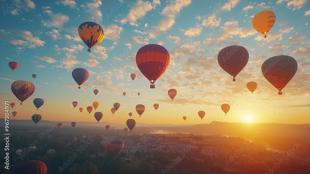 Naklejka premium A sky full of hot air balloons with a sunset in the background. The balloons are of different colors and sizes, creating a beautiful and peaceful scene