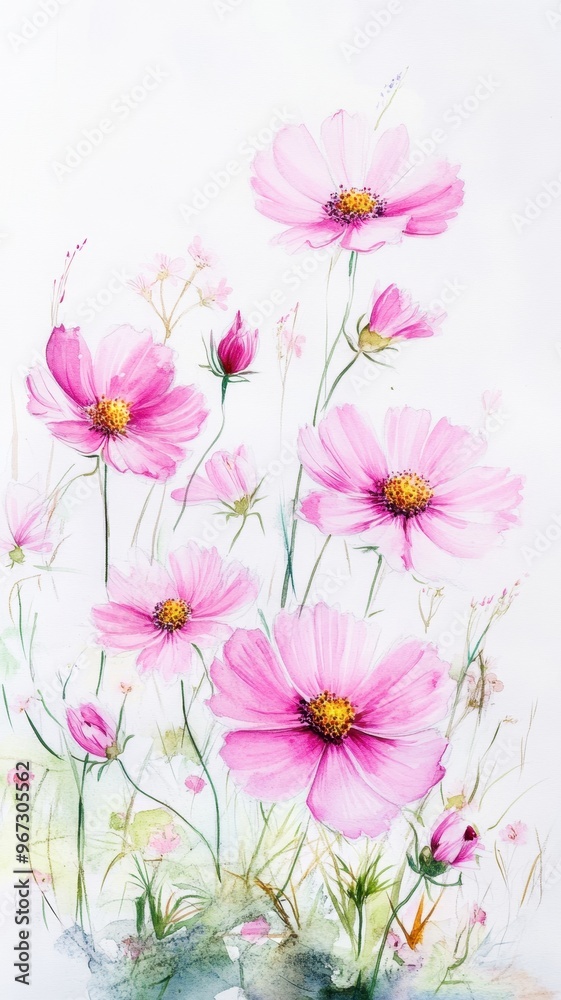 Watercolor Illustration set of Pink cosmos flowers in garden and sky background,spring summer nature,Vibrant pink cosmos blooming,Children's card,banner,raindrops drawn by hand. Watercolor Illustration set of Pink cosmos flowers in garden and sky background,spring summer nature,Vibrant pink cosmos blooming,Children's card,banner,raindrops drawn by hand.