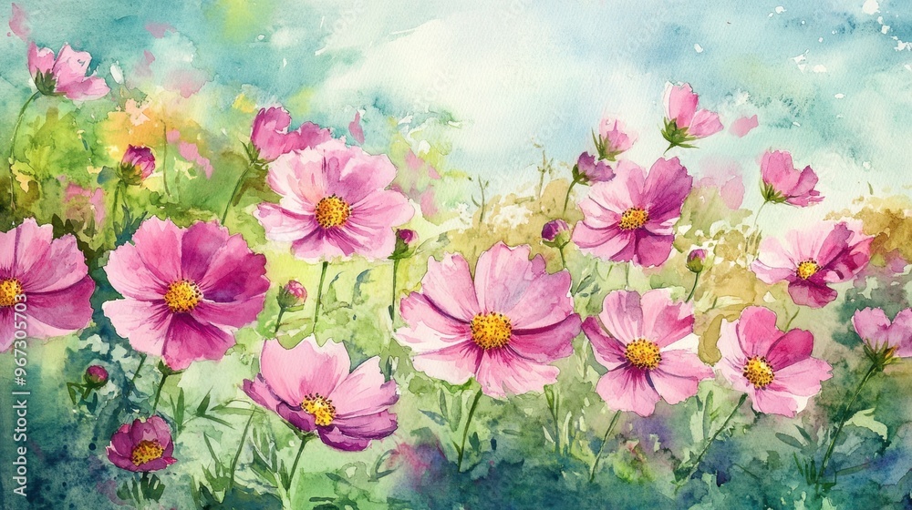 Watercolor Illustration set of Pink cosmos flowers in garden and sky background,spring summer nature,Vibrant pink cosmos blooming,Children's card,banner,raindrops drawn by hand. Watercolor Illustration set of Pink cosmos flowers in garden and sky background,spring summer nature,Vibrant pink cosmos blooming,Children's card,banner,raindrops drawn by hand.