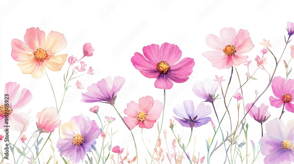 Watercolor Illustration set of Pink cosmos flowers on a white background,spring summer nature,Vibrant pink cosmos blooming,Children's card,banner,raindrops drawn by hand. Watercolor Illustration set of Pink cosmos flowers on a white background,spring summer nature,Vibrant pink cosmos blooming,Children's card,banner,raindrops drawn by hand.