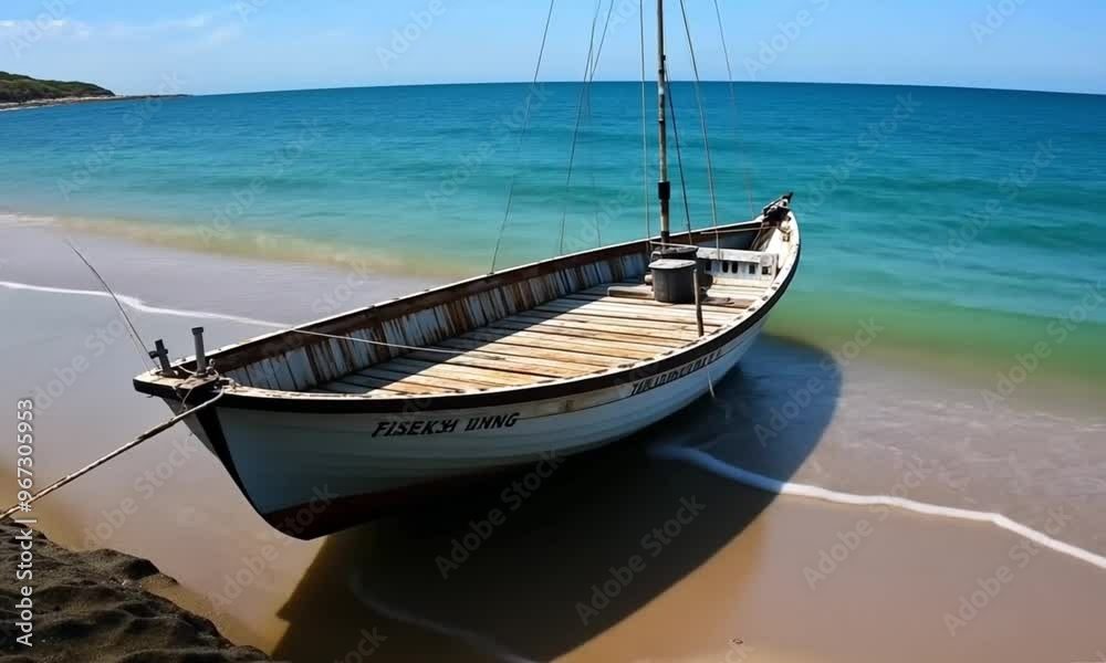 A boat is on a beach with beautiful beach waves A boat is on a beach with beautiful beach waves