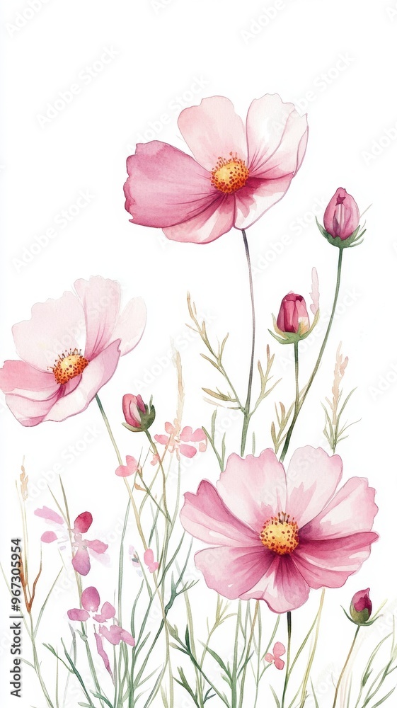 Watercolor Illustration set of Pink cosmos flowers on a white background,spring summer nature,Vibrant pink cosmos blooming,Children's card,banner,raindrops drawn by hand. Watercolor Illustration set of Pink cosmos flowers on a white background,spring summer nature,Vibrant pink cosmos blooming,Children's card,banner,raindrops drawn by hand.