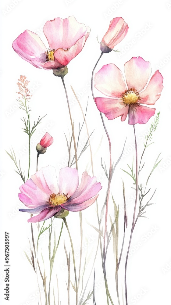Watercolor Illustration set of Pink cosmos flowers on a white background,spring summer nature,Vibrant pink cosmos blooming,Children's card,banner,raindrops drawn by hand. Watercolor Illustration set of Pink cosmos flowers on a white background,spring summer nature,Vibrant pink cosmos blooming,Children's card,banner,raindrops drawn by hand.