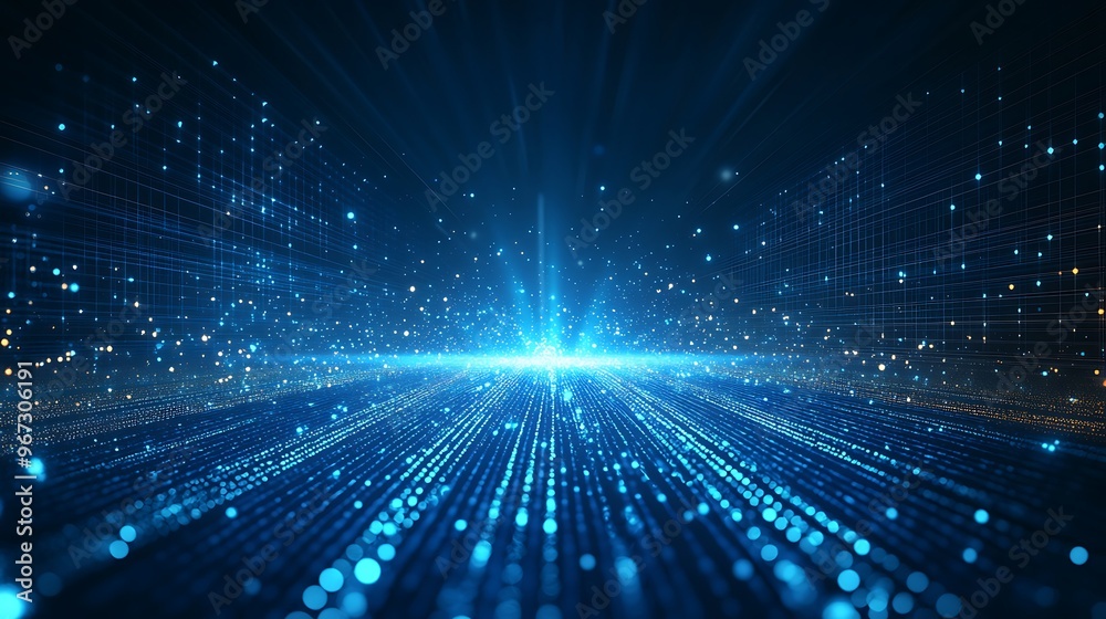 Fototapeta premium A vibrant display of blue rays and particles creating a digital atmosphere, perfect for tech and futuristic themes.