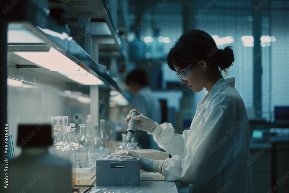 A focused lab technician in a white coat and gloves works with a pipette in a modern, well-lit laboratory, surrounded by glassware and scientific equipment. A focused lab technician in a white coat and gloves works with a pipette in a modern, well-lit laboratory, surrounded by glassware and scientific equipment.