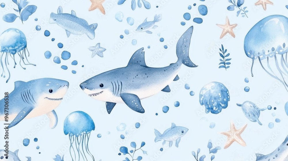Seamless pattern with shark,fish,Marine Life element Animal Life in under sea world,Design for textiles,Watercolor seamless pattern with underwater world,shellfish,coral,Vector Cartoon illuration. Seamless pattern with shark,fish,Marine Life element Animal Life in under sea world,Design for textiles,Watercolor seamless pattern with underwater world,shellfish,coral,Vector Cartoon illuration.