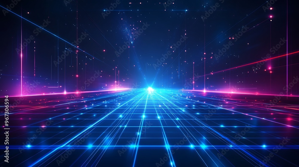 A vibrant landscape of neon lights with futuristic grid patterns, showcasing a blend of blue and pink luminescence in a digital space. A vibrant landscape of neon lights with futuristic grid patterns, showcasing a blend of blue and pink luminescence in a digital space.