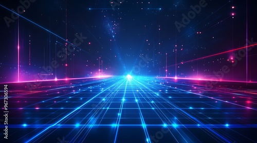 A vibrant landscape of neon lights with futuristic grid patterns, showcasing a blend of blue and pink luminescence in a digital space.