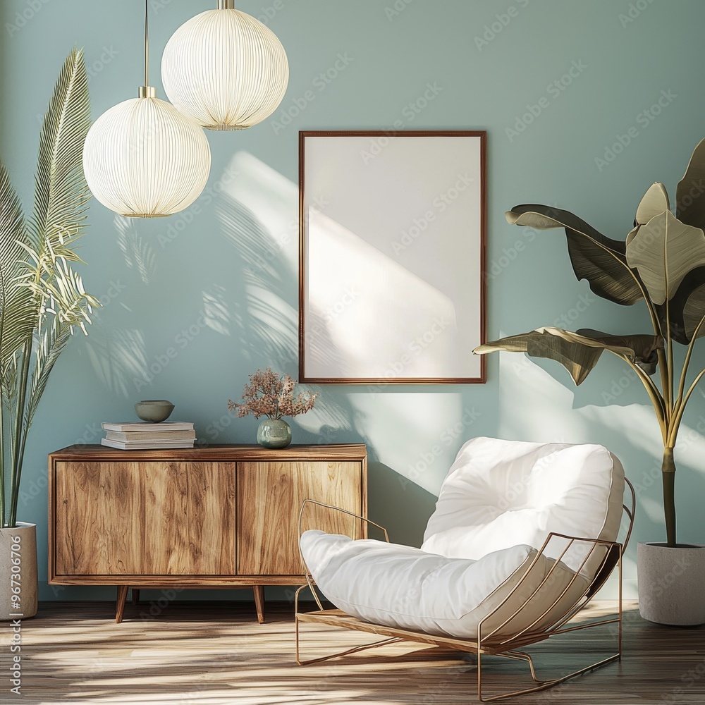 Φωτογραφία Modern living room with blue walls- wooden floor- white armchair standing next to coffee table and vertical poster