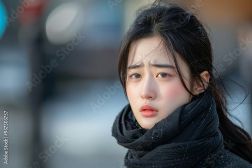 Melancholy and beauty intertwine korean girl's tearful eyes. Sad expression girl's face tells story of heartbreak. Photograph can represent unseen battles that individuals face daily.