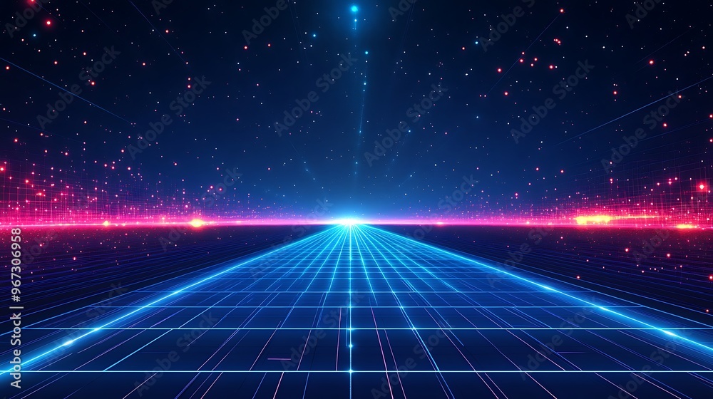 A vibrant retro future landscape featuring neon lines and cosmic elements, perfect for digital art, technology, and sci-fi themes. A vibrant retro future landscape featuring neon lines and cosmic elements, perfect for digital art, technology, and sci-fi themes.