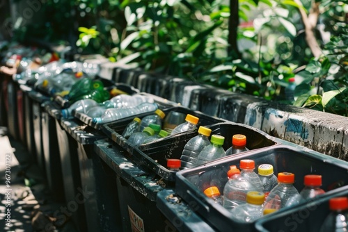 Multiple bins of variously colored plastic bottles wait for recycling amidst the verdant backdrop, signifying a commitment to environmental sustainability.