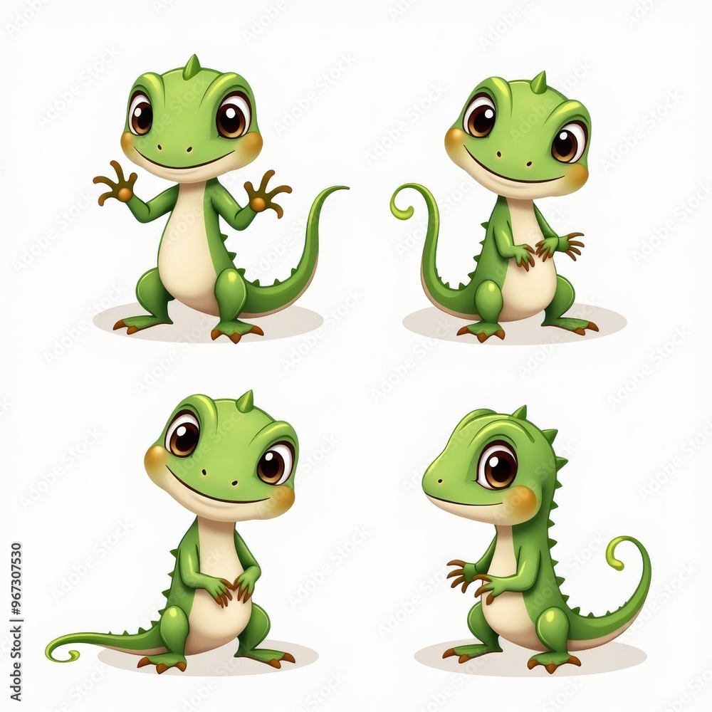 Obraz premium Cute Cartoon Geckos Illustration - Adorable Green Geckos in Various Poses for Kids' Themes and Educational Materials