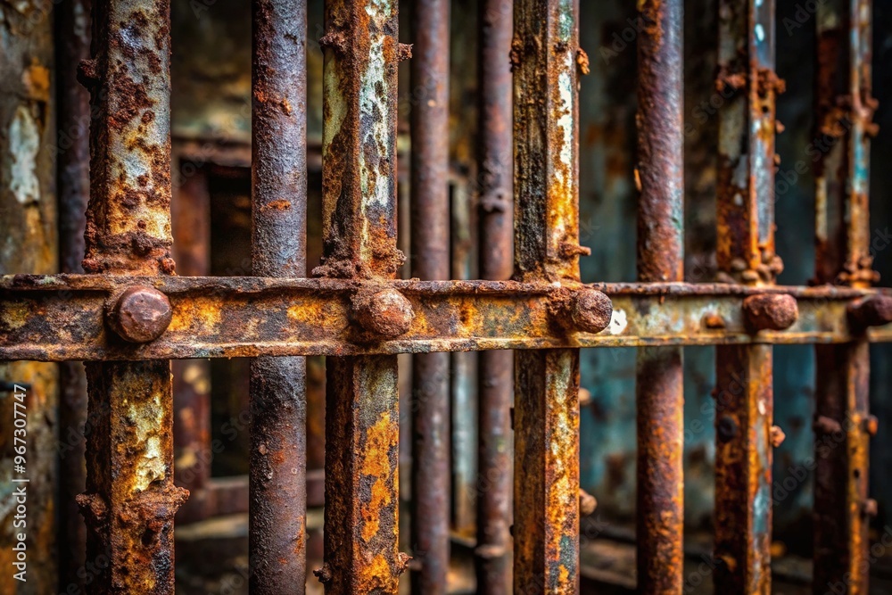 Rusted iron bars with worn, corroded surfaces and intricate patterns, set against a dark, muted background, evoking a sense of confinement and industrial decay. Rusted iron bars with worn, corroded surfaces and intricate patterns, set against a dark, muted background, evoking a sense of confinement and industrial decay.