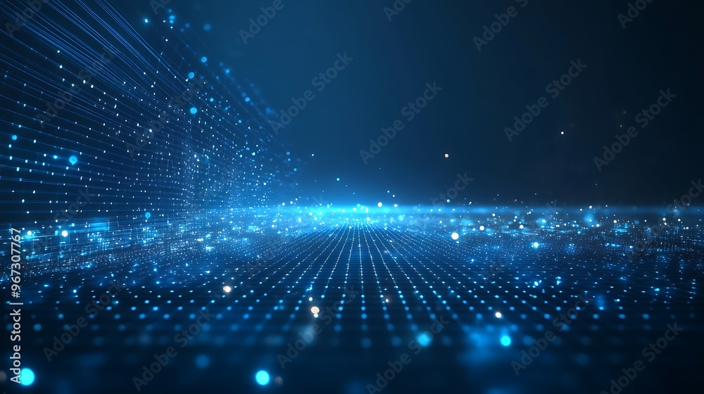 Obraz premium Abstract blue background with glowing dots and lines creating a futuristic digital landscape. Perfect for tech and science themes.