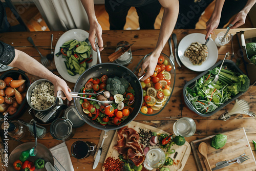 family dinner concept. people hands taking food from table