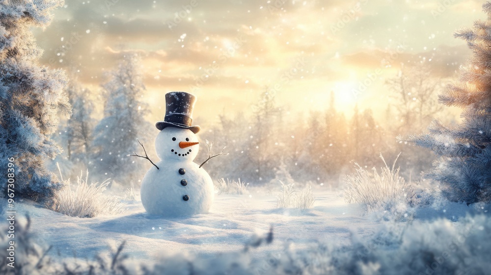 Obraz premium Traditional snowman in a snowy field, top hat and carrot nose, pine trees frosted by snow, bathed in the soft glow of sunset. Christmas