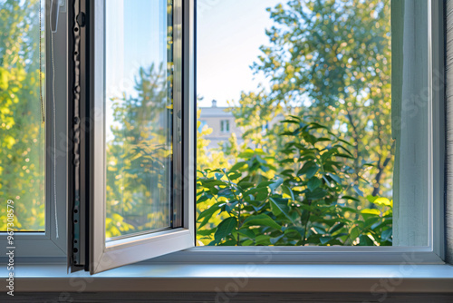 open window frame with view on trees