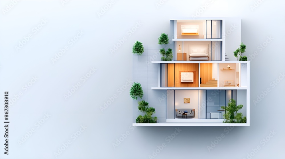 Floor plan of a house top view 3D illustration. Open concept living appartment layout Floor plan of a house top view 3D illustration. Open concept living appartment layout