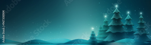 Christmas tree with lights on abstract teal green banner with copy space background