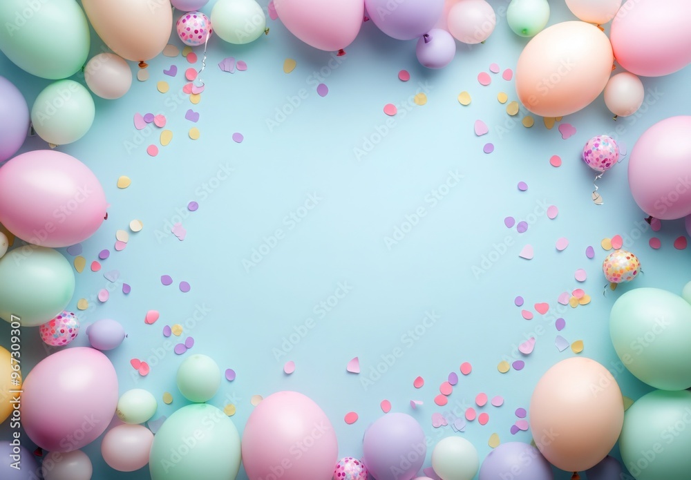 Playful pastel balloons and soft-colored confetti scattered across the frame, leaving an open space in the center for a message Playful pastel balloons and soft-colored confetti scattered across the frame, leaving an open space in the center for a message