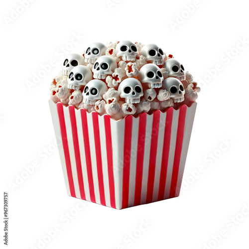 Happy Halloween paper popcorn bucket, filled with cute little detailed Halloween skull-shaped popcorn. Spooky snack for horror movie. Creative 3D illustration isolated png photo