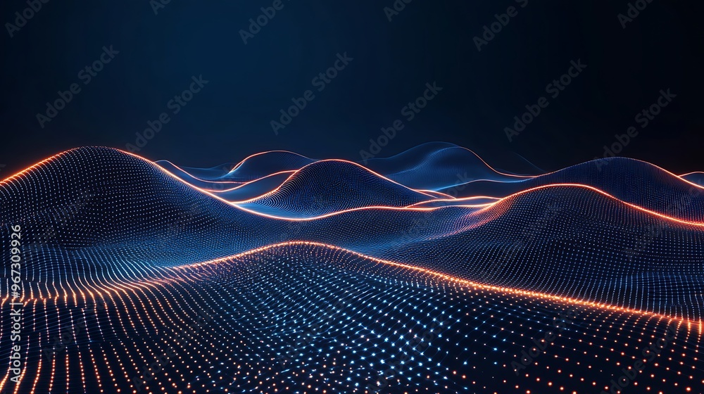 Abstract digital landscape with glowing waves and dots, creating a modern and futuristic atmosphere for technology themes. Abstract digital landscape with glowing waves and dots, creating a modern and futuristic atmosphere for technology themes.