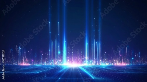 Abstract digital landscape with vibrant beams of light and glowing particles creating a futuristic atmosphere.
