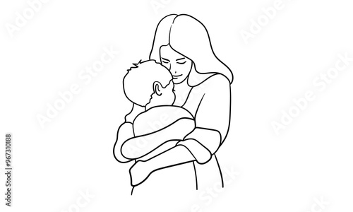 Mother hugs child continuous line art drawing isolated on white background. Mom and son. Vector illustration 