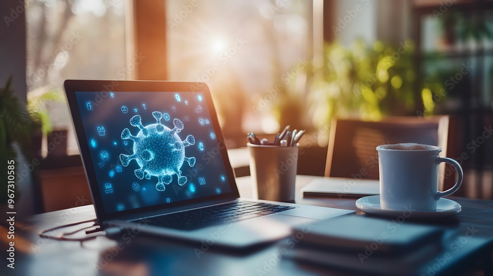 Fototapeta premium A digital virus illustration displayed on a laptop screen in a modern office setting with a coffee cup and natural light creating a warm atmosphere.