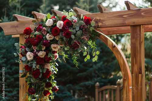 wooden wedding arch decoration with roses photo