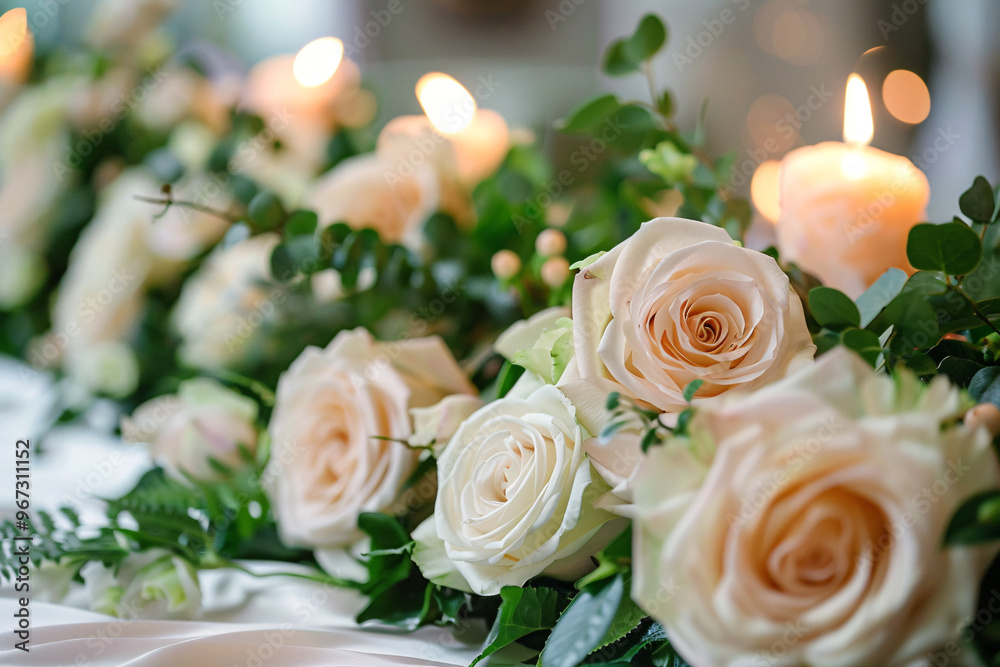 wedding decoration with white roses on white table wedding decoration with white roses on white table