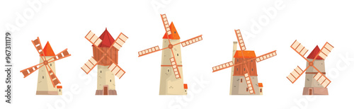Windmill as Farm Construction for Grinding Flour Vector Set