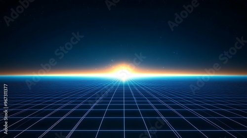 An abstract landscape showcasing a digital horizon with a glowing sun and grid lines, representing futuristic and technological themes.