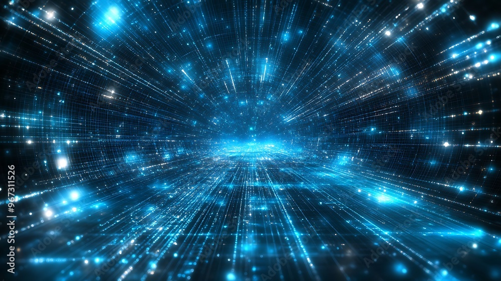 An abstract visualization of shimmering blue lights creating a dynamic sense of depth and movement in a digital universe. An abstract visualization of shimmering blue lights creating a dynamic sense of depth and movement in a digital universe.