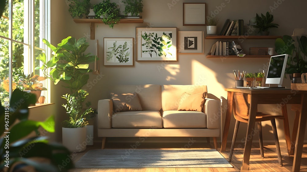A bright home office with a comfortable couch, wooden desk, potted plants, and framed botanical prints creating a calming atmosphere. A bright home office with a comfortable couch, wooden desk, potted plants, and framed botanical prints creating a calming atmosphere.