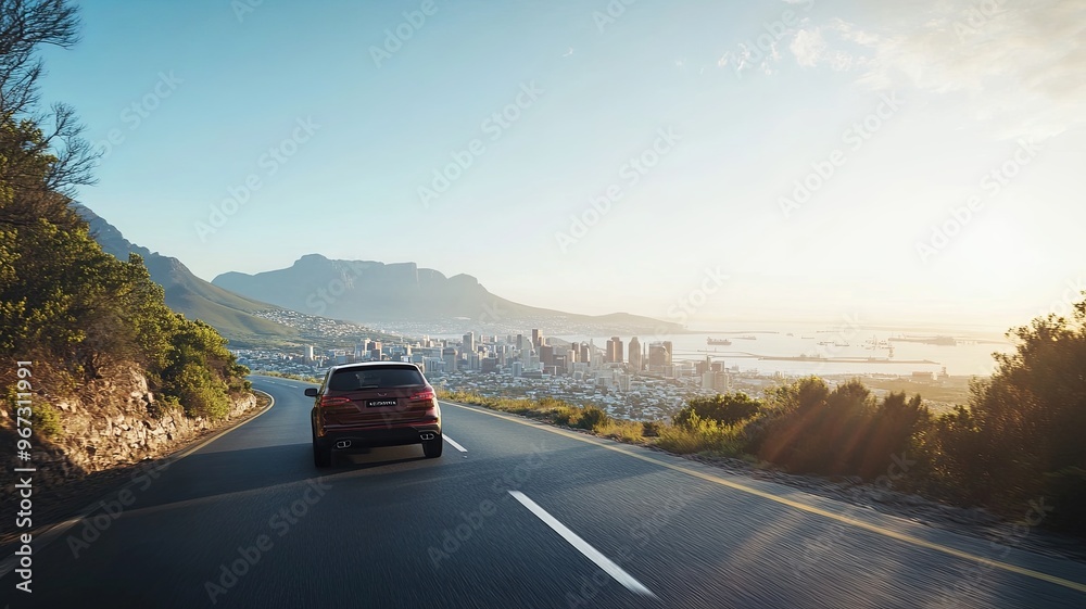 Luxury SUV driving on a scenic mountain road with a city view, ideal for travel promotions, road trip articles, or car advertisements. 