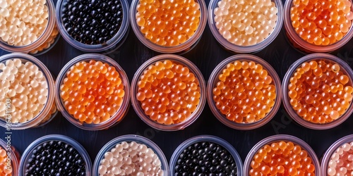 Pink and Chum Salmon Caviar in Plastic Containers Seafood Delicacies for Healthy Nutrition Top View Pattern