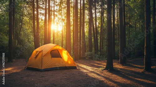 Fototapeta Naklejka Na Ścianę i Meble -  Camping tent in forest at sunset 