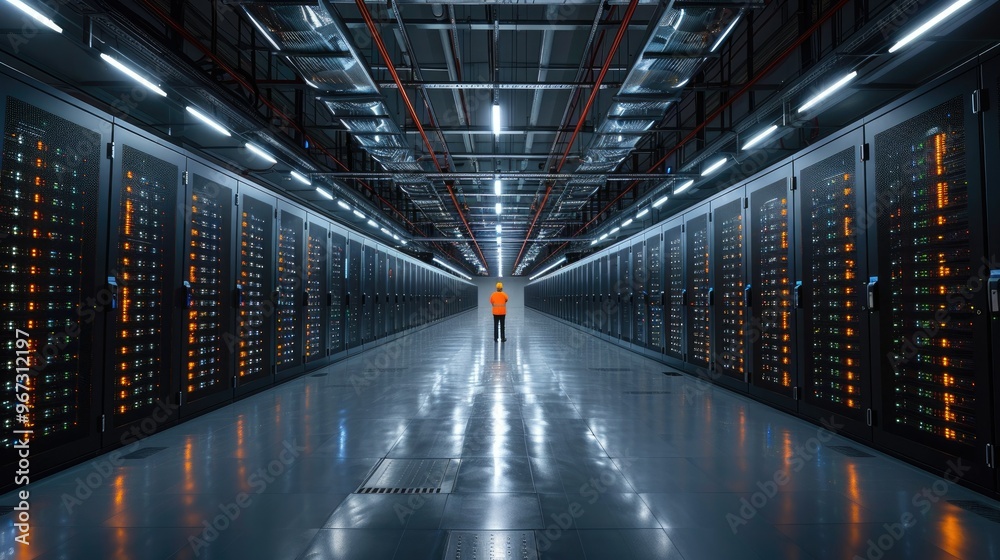 IT technician conducting maintenance in a data center during daytime operations IT technician conducting maintenance in a data center during daytime operations