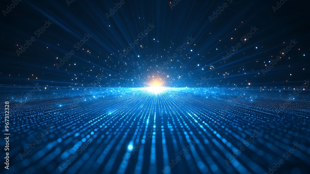 Dynamic blue abstract background with glowing particles and rays of light, ideal for technology and digital themes.