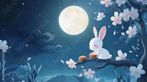 Cute rabbit sits on an osmanthus tree, holding a mooncake in its hands, with a full moon hanging high in the night sky, celebrating the Mid-Autumn Festival design. Translation: Moon Festival.