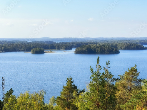 Bilde på lerret Islands on the lake. View from the observation tower. Photo