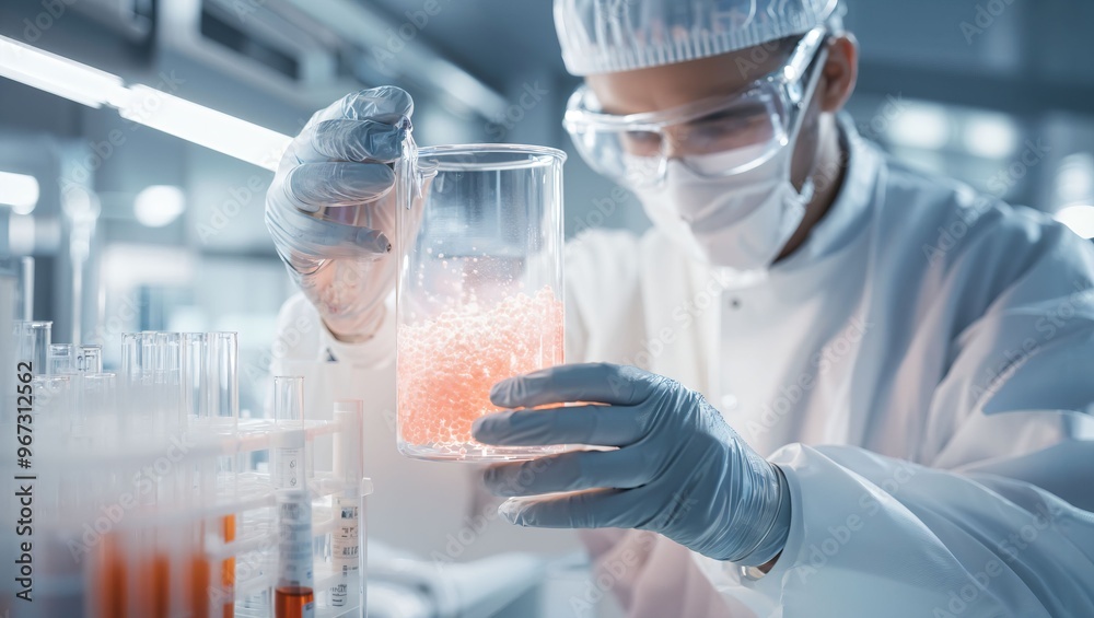 In a high-tech laboratory, a focused scientist in a white coat examines a glowing beaker filled with vibrant pink liquid, symbolizing cutting-edge research and innovation. In a high-tech laboratory, a focused scientist in a white coat examines a glowing beaker filled with vibrant pink liquid, symbolizing cutting-edge research and innovation.
